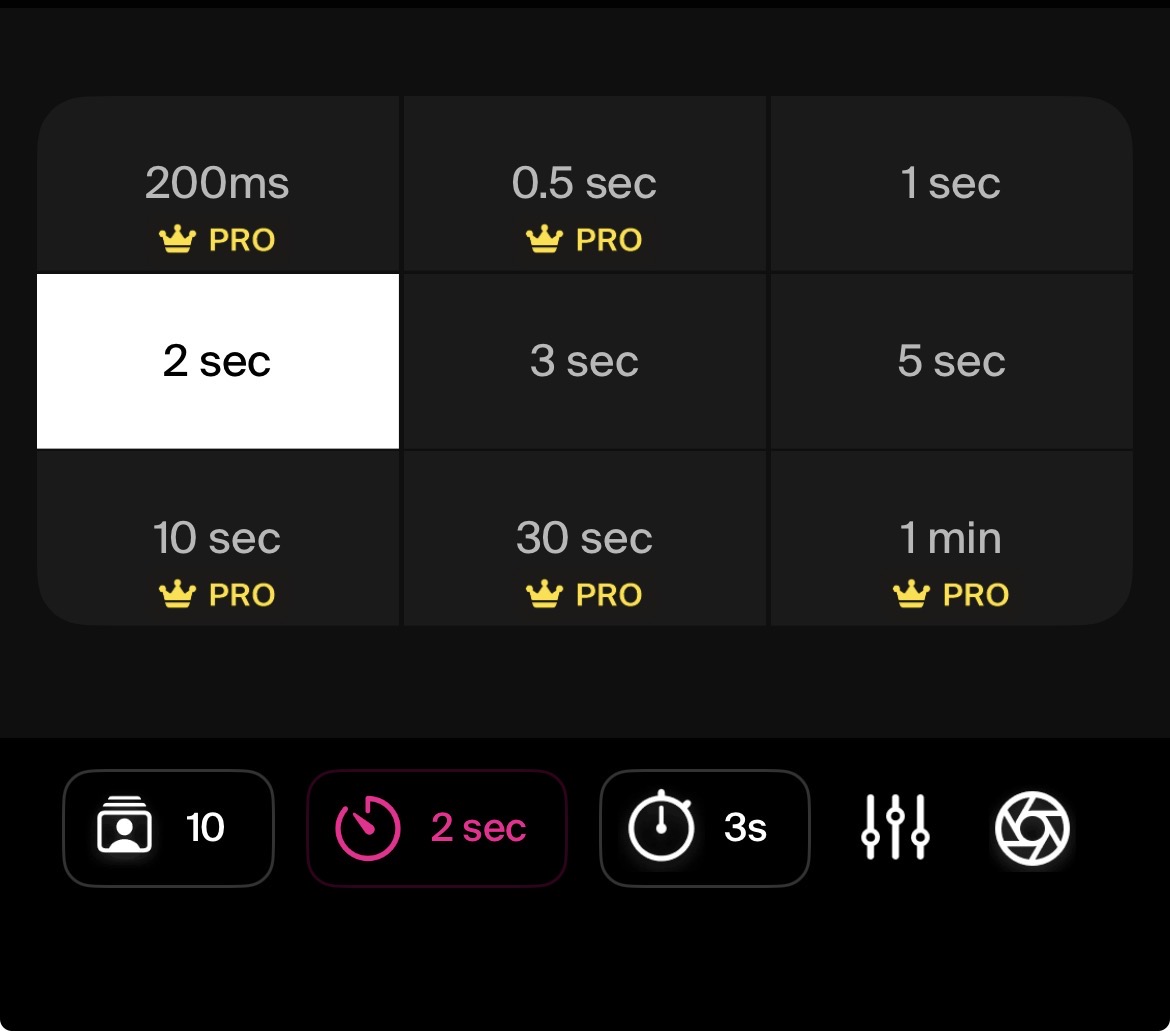 Select shooting interval in Lenspal timer camera app